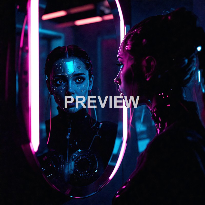 A woman with a futuristic cybernetic face and neon makeup gazes into a mirror, with her reflection showing her profile and the surrounding vibrant neon lights.